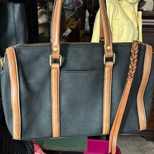 Fossil Black Canvas and Tan Leather Trim Satchel